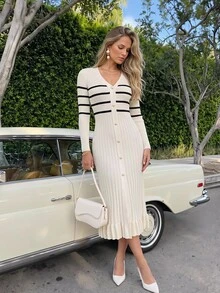 KARISMINA Women's Colorblock V-Neck Casual Daily Knit Dress - Beige - View 12