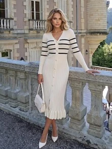 KARISMINA Women's Colorblock V-Neck Casual Daily Knit Dress - Beige - View 13