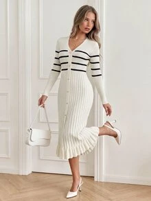 KARISMINA Women's Colorblock V-Neck Casual Daily Knit Dress - Beige - View 3