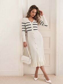 KARISMINA Women's Colorblock V-Neck Casual Daily Knit Dress - Beige - View 4