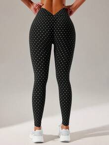Slayform Slayform Fashion Polka Dot Print Slim Fit Sports Leggings For Running - Black - View 7