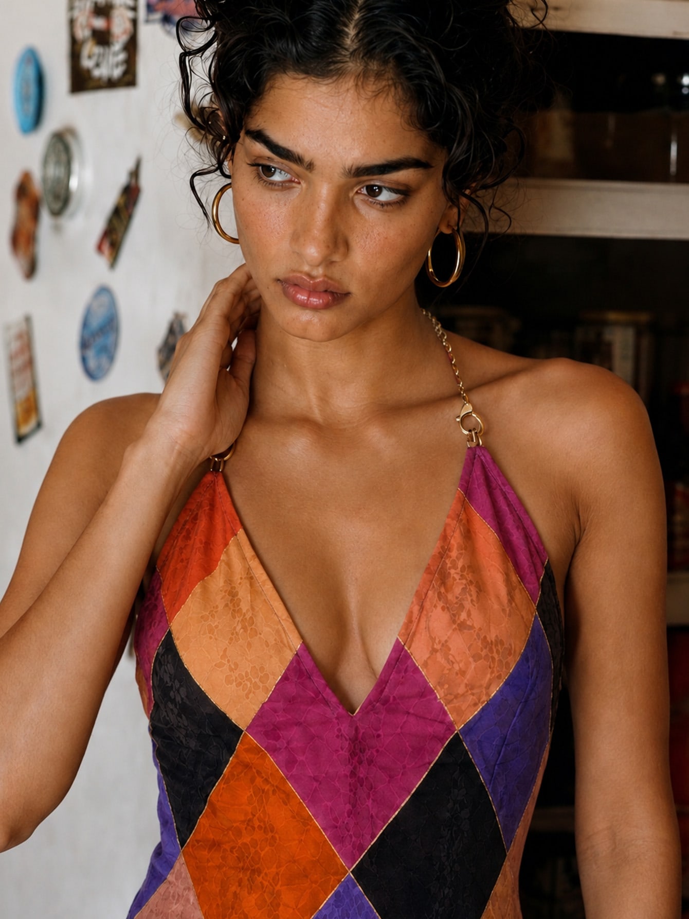 Multicolor Patchwork V-Neck Y2K Mini Dress Party, view 6