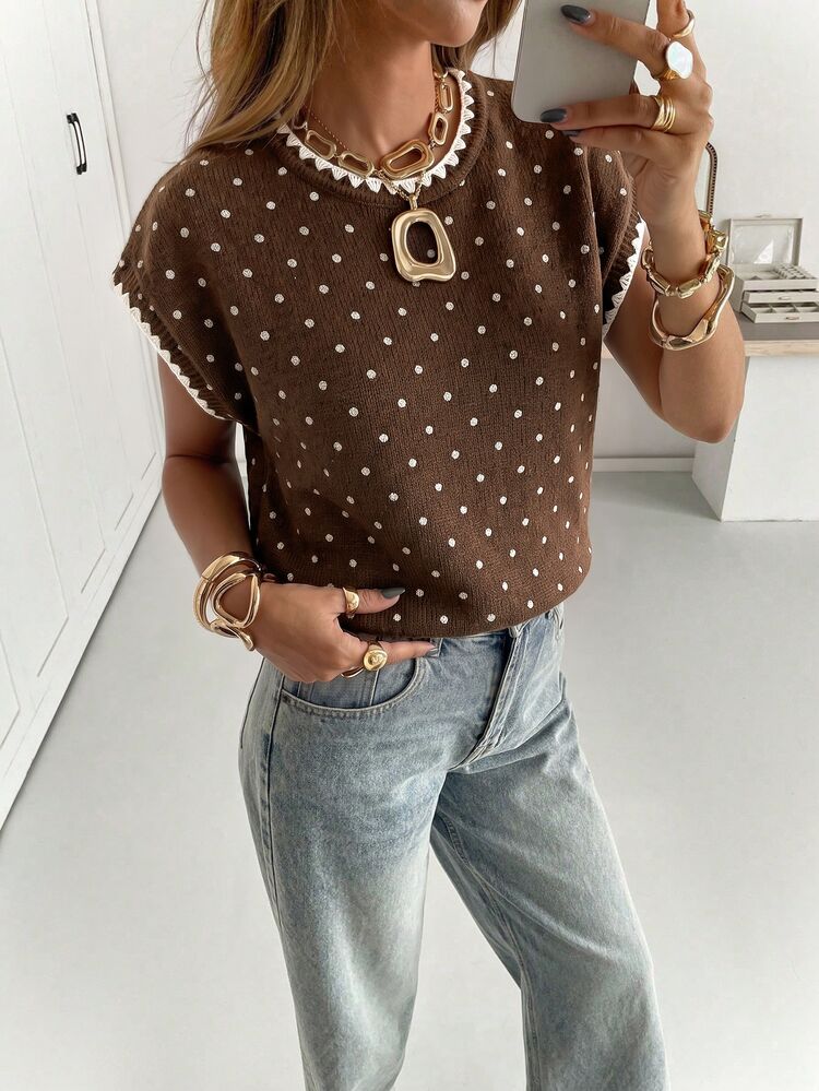 Siren Gaze Women's Vacation Polka Dot Print Shell Embroidery Knit Top - Coffee Brown - View 5