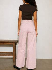 Zerodot Celana Jeans Denim Wanita Warna Pink Muda Polkadot Model Lebar, Kasual untuk Sehari-hari di Musim Gugur/Pra-Musim Gugur - Berwarna merah muda - View 2