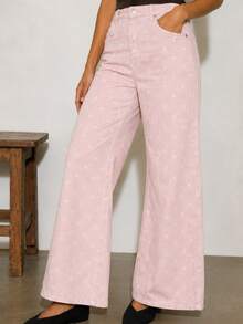 Zerodot Celana Jeans Denim Wanita Warna Pink Muda Polkadot Model Lebar, Kasual untuk Sehari-hari di Musim Gugur/Pra-Musim Gugur - Berwarna merah muda - View 4