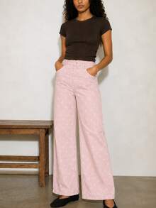 Zerodot Celana Jeans Denim Wanita Warna Pink Muda Polkadot Model Lebar, Kasual untuk Sehari-hari di Musim Gugur/Pra-Musim Gugur - Berwarna merah muda - View 3
