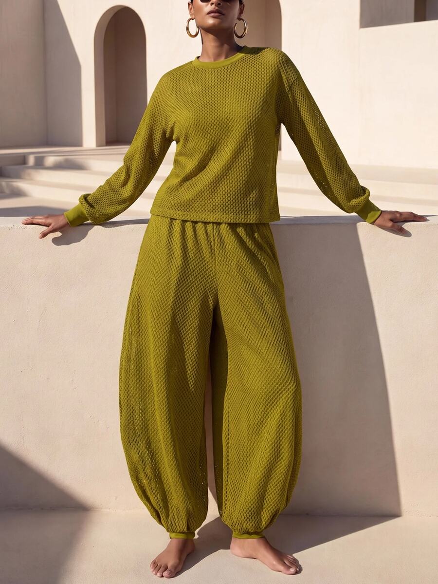 Zivah Women's Elegant 2-Piece Beach Vacation Set: Army Green Open-Knit Semi-Sheer Long-Sleeve Top & Lantern Pants Cover-Up