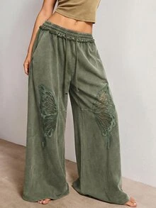 Bohemela Women's Casual Solid Color Knit Loose Pants - Army Green - View 2