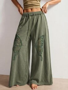 Bohemela Women's Casual Solid Color Knit Loose Pants - Army Green - View 7