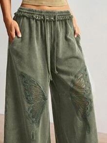 Bohemela Women's Casual Solid Color Knit Loose Pants - Army Green - View 1