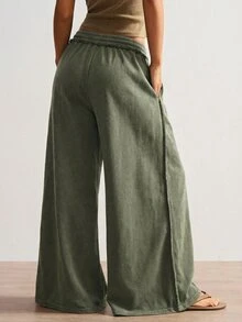 Bohemela Women's Casual Solid Color Knit Loose Pants - Army Green - View 5