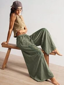 Bohemela Women's Casual Solid Color Knit Loose Pants - Army Green - View 4