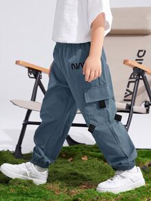 SHEIN Kids Tween Boy Casual Sports Printed Pattern Patch Pocket Loose Cuffed Solid Color Cargo Pants Suitable For Commuting, School, Daily Wear, Vacation, Travel, Sports, Spring, Summer, Autumn, Winter - Blue - View 3
