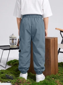 SHEIN Kids Tween Boy Casual Sports Printed Pattern Patch Pocket Loose Cuffed Solid Color Cargo Pants Suitable For Commuting, School, Daily Wear, Vacation, Travel, Sports, Spring, Summer, Autumn, Winter - Blue - View 4