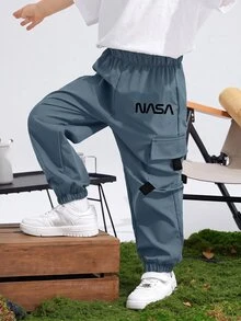 SHEIN Kids Tween Boy Casual Sports Printed Pattern Patch Pocket Loose Cuffed Solid Color Cargo Pants Suitable For Commuting, School, Daily Wear, Vacation, Travel, Sports, Spring, Summer, Autumn, Winter - Blue - View 2