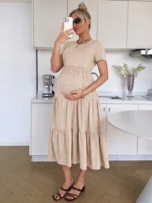 SHEIN Maternity Summer Casual Solid Color Short Sleeve Dress - Khaki - View 3