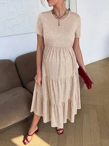 SHEIN Maternity Summer Casual Solid Color Short Sleeve Dress - Khaki - View 6