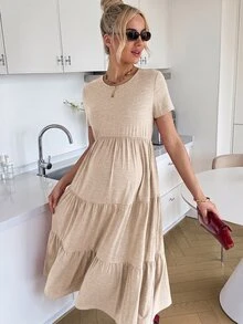 SHEIN Maternity Summer Casual Solid Color Short Sleeve Dress - Khaki - View 5