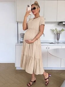 SHEIN Maternity Summer Casual Solid Color Short Sleeve Dress - Khaki - View 4
