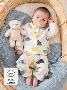 SHEIN 新生兒嬰兒 2 件組棉質恐龍套裝 - 溫和呵護寶寶肌膚，0-12 個月 - 米色 - 查看 2