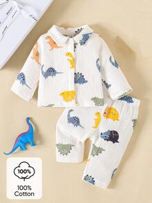 SHEIN 新生兒嬰兒 2 件組棉質恐龍套裝 - 溫和呵護寶寶肌膚，0-12 個月 - 米色 - 查看 3