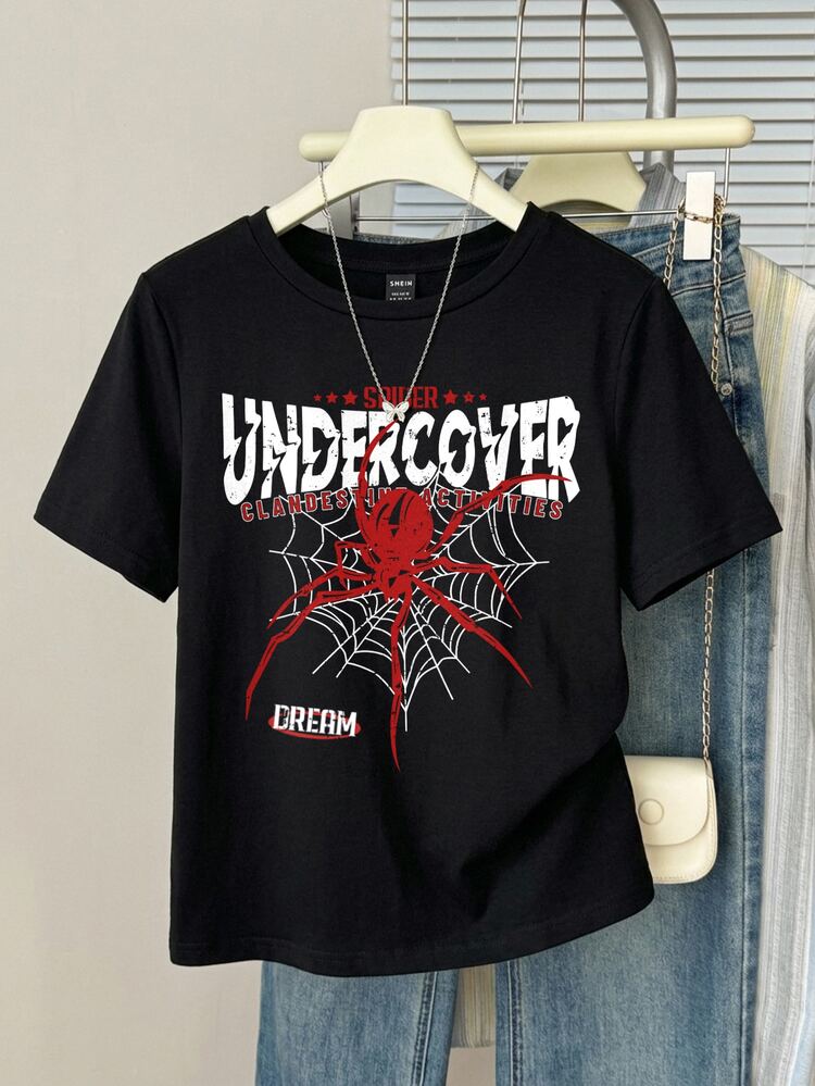 SHEIN EZwear Women's Casual Loose Round Neck Short Sleeve T-Shirt, Spider Print, Women's Summer Clothing, Halloween Outfit, Summer Clothing, Streetwear, Suitable For Daily Commute, Date, Party, Autumn/Winter, Summer, Party, Wedding, Beach, Graduation, Elegant, Casual, Outing, Y2K, Music Festival Outfit, Holiday Clothing, Back To School - Black - View 7