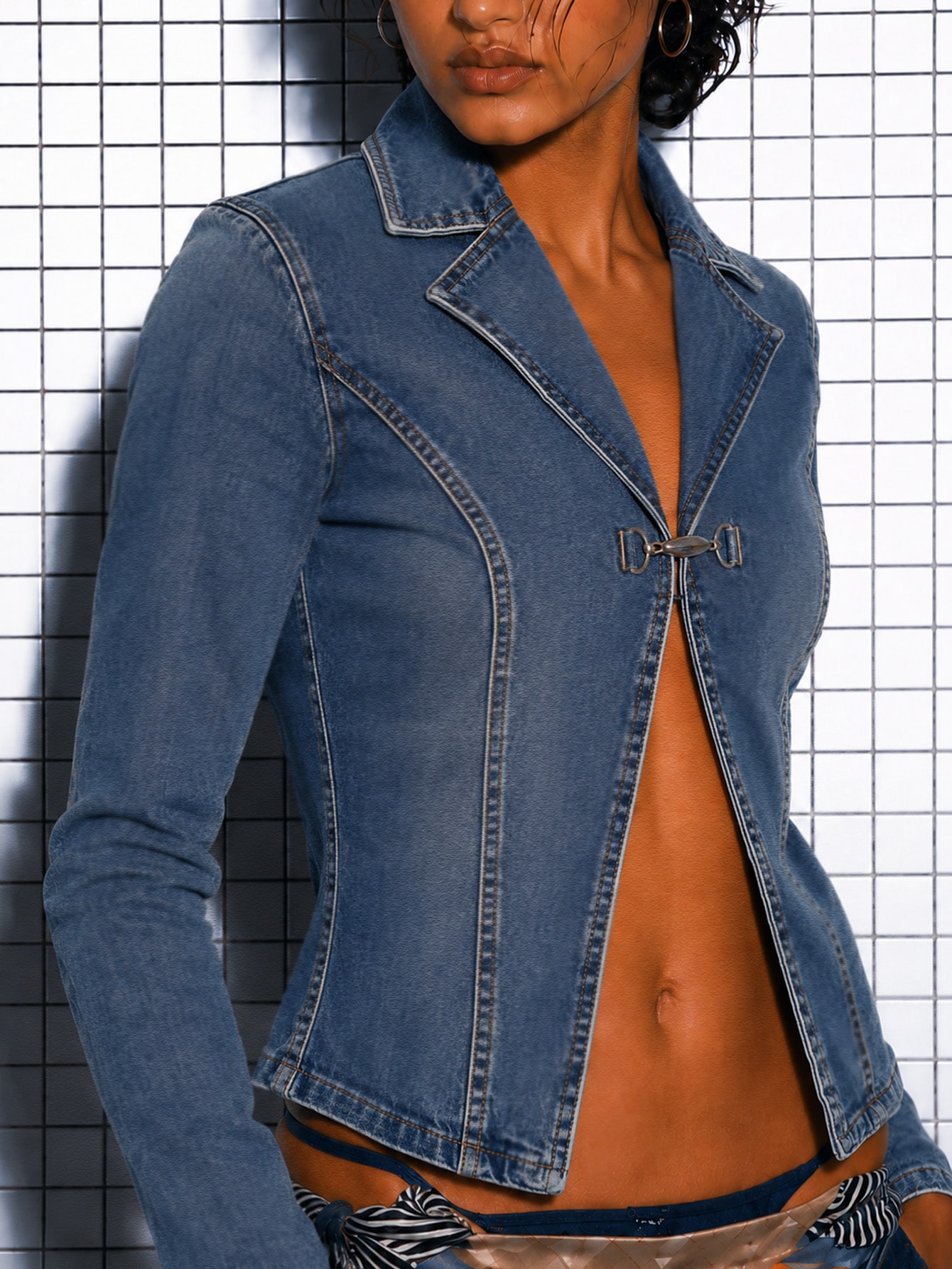 Mid Wash Blue Denim Structured Deep V-Neck Blazer Office, view 5