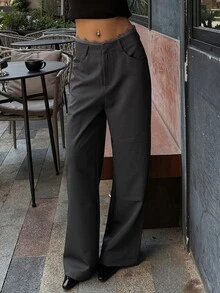 DAZY 女款休閒寬鬆蕾絲拼接長褲校園風 - 灰色 - 查看 3