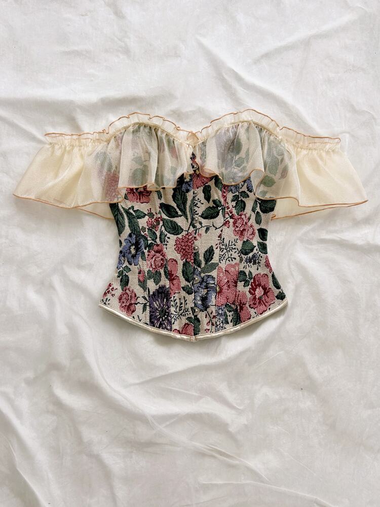 Soleia Vintage Oil Painting Sheer Off-Shoulder Corset Top With Fishbone - Multicolor - View 3