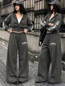 SHEIN 3件組青少年女孩休閒字母印花拉鍊連帽外套、秋季穿搭、極簡純色細肩帶背心與針織字母印花寬腿褲 - 深灰色 - 查看 1