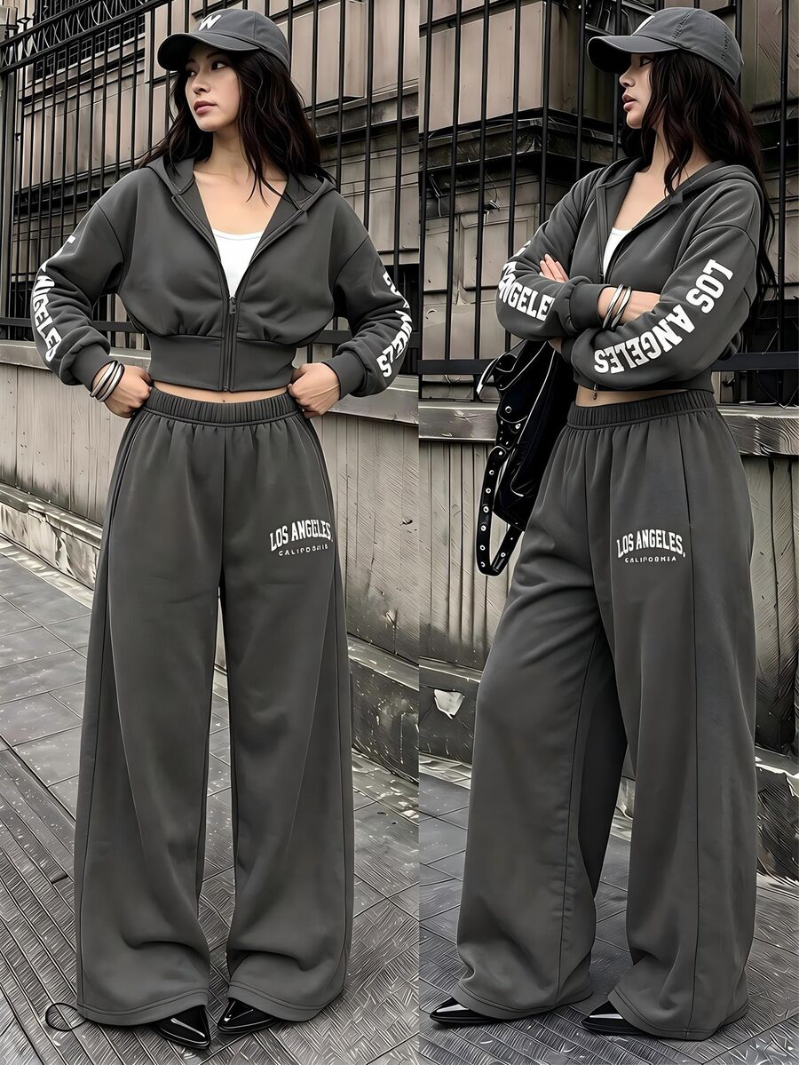 SHEIN 3件組青少年女孩休閒字母印花拉鍊連帽外套、秋季穿搭、極簡純色細肩帶背心與針織字母印花寬腿褲 - 深灰色 - 查看 1