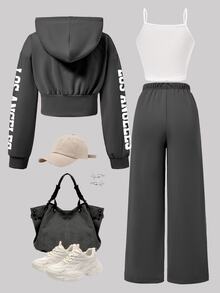 SHEIN 3件組青少年女孩休閒字母印花拉鍊連帽外套、秋季穿搭、極簡純色細肩帶背心與針織字母印花寬腿褲 - 深灰色 - 查看 2