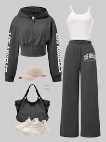 SHEIN 3件組青少年女孩休閒字母印花拉鍊連帽外套、秋季穿搭、極簡純色細肩帶背心與針織字母印花寬腿褲 - 深灰色 - 查看 5