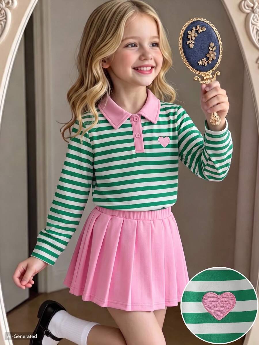 SHEIN 返校季 4-7 歲女童可愛綠色與粉色拼色學院風套裝,長袖領口上衣配愛心刺繡 + 百褶迷你裙,春夏兒童服飾,適合女童校服禮物、休閒穿著、外出、姐妹聚會、派對 - 綠色 - 查看 1
