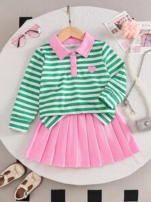 SHEIN 返校季 4-7 歲女童可愛綠色與粉色拼色學院風套裝，長袖領口上衣配愛心刺繡 + 百褶迷你裙，春夏兒童服飾，適合女童校服禮物、休閒穿著、外出、姐妹聚會、派對 - 綠色 - 查看 3