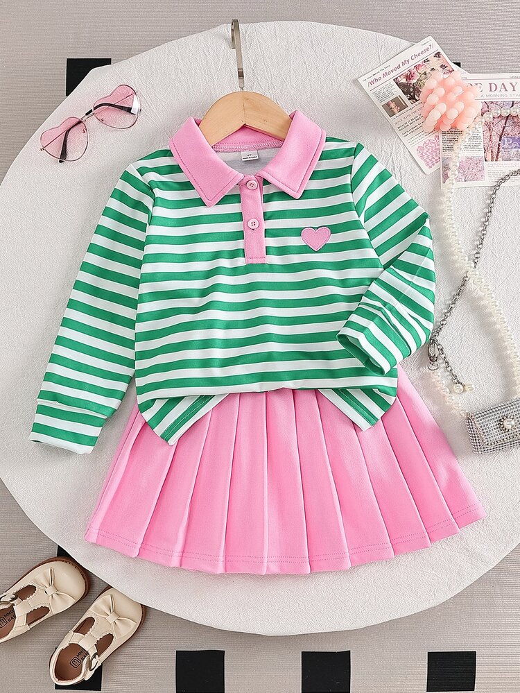 SHEIN 2Pcs Set Back To School Season 4-7 Years Old Girls Cute Green & Pink Color Block Academy Style Outfit Long Sleeve Collared Top With Heart Embroidery A - Green - View 3