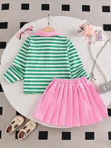 SHEIN 返校季 4-7 歲女童可愛綠色與粉色拼色學院風套裝，長袖領口上衣配愛心刺繡 + 百褶迷你裙，春夏兒童服飾，適合女童校服禮物、休閒穿著、外出、姐妹聚會、派對 - 綠色 - 查看 2