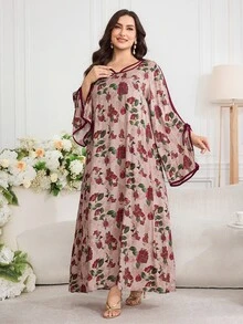 Al Najma 大尺碼女款花卉印花優雅度假阿拉伯風洋裝 - 彩色 - 查看 7