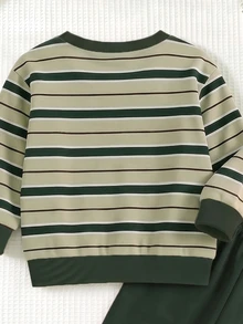 SHEIN 男嬰米色條紋字母印花寬鬆簡約長袖衛衣褲子套裝，秋冬季男嬰校服，1套隨機發貨 - 彩色 - 查看 6