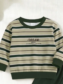 SHEIN 男嬰米色條紋字母印花寬鬆簡約長袖衛衣褲子套裝，秋冬季男嬰校服，1套隨機發貨 - 彩色 - 查看 4