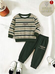 SHEIN 男嬰米色條紋字母印花寬鬆簡約長袖衛衣褲子套裝，秋冬季男嬰校服，1套隨機發貨 - 彩色 - 查看 3
