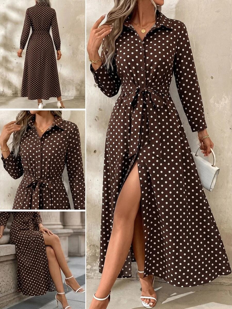 SHEIN Clasi 女款圓點圖案長袖單排扣襯衫洋裝 - 棕色 - 查看 1
