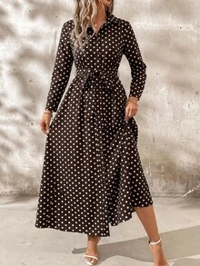 SHEIN Clasi 女款圓點圖案長袖單排扣襯衫洋裝 - 棕色 - 查看 11