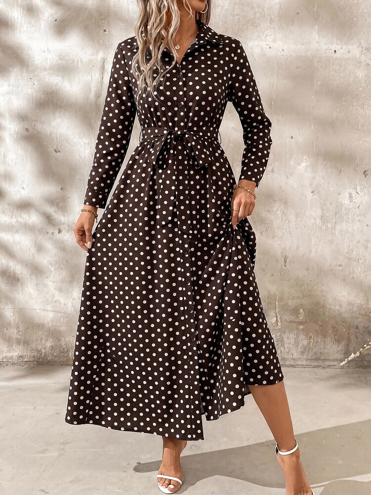 SHEIN Clasi فستان قميص نسائي بنقشة نقاط البولكا بأكمام طويلة وأزرار أمامية - بني - مشاهدة 11