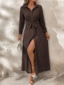 SHEIN Clasi 女款圓點圖案長袖單排扣襯衫洋裝 - 棕色 - 查看 4