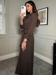 SHEIN Clasi 女款圓點圖案長袖單排扣襯衫洋裝 - 棕色 - 查看 3