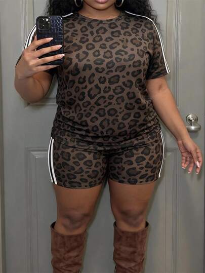 Slaydiva 2 Pieces Outfits, Leopard Print T-Shirt & Biker Shorts Set, Casual Sporty Curvy Matching Set