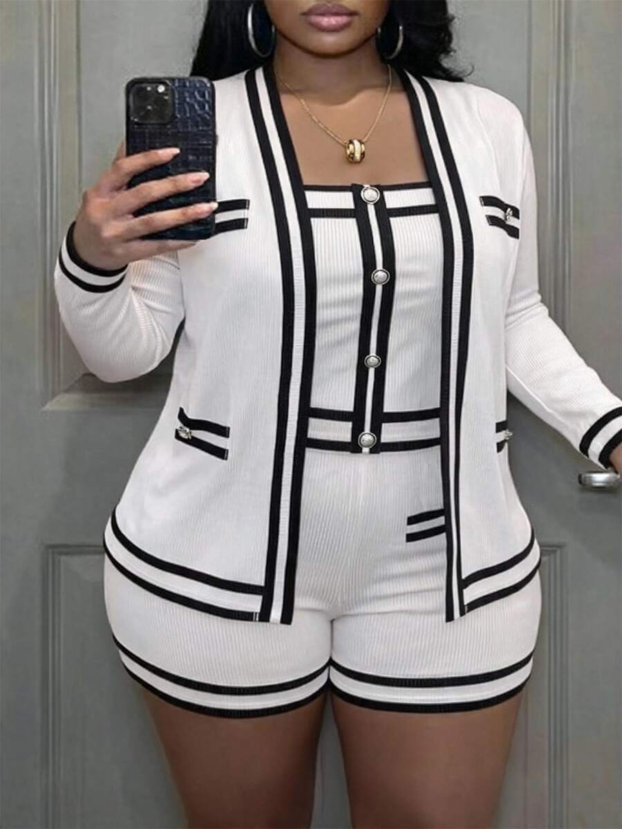Slaydiva 大尺碼女款拼色上衣短褲長袖開襟衫休閒日常套裝 秋季