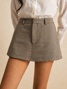 Poéselle 女款高腰格紋迷你裙 復古學院風休閒格紋裙褲 時髦A字裙 夏季黑色格紋 教師節 校園職場穿搭 - 卡其色 - 查看 5