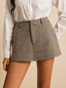 Poéselle 女款高腰格紋迷你裙 復古學院風休閒格紋裙褲 時髦A字裙 夏季黑色格紋 教師節 校園職場穿搭 - 卡其色 - 查看 4